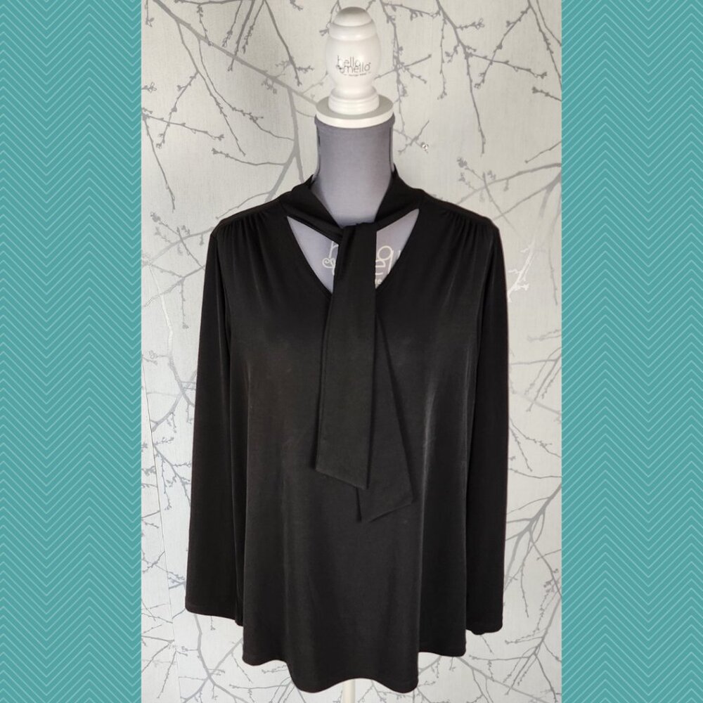 Kim & Co Black Stretch Knit Tie Neck Blouse Career Boss